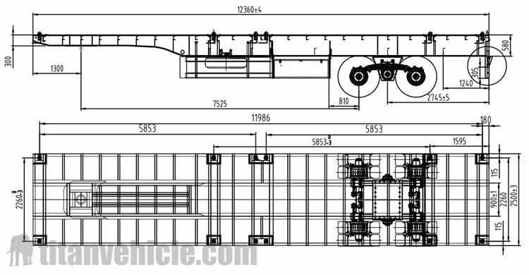 Drawing of 2 Axle Flatbed Semi Trailer