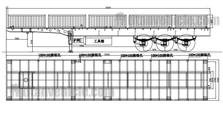 Drawing of Tri Axle Flatbed Trailer with Sidewall