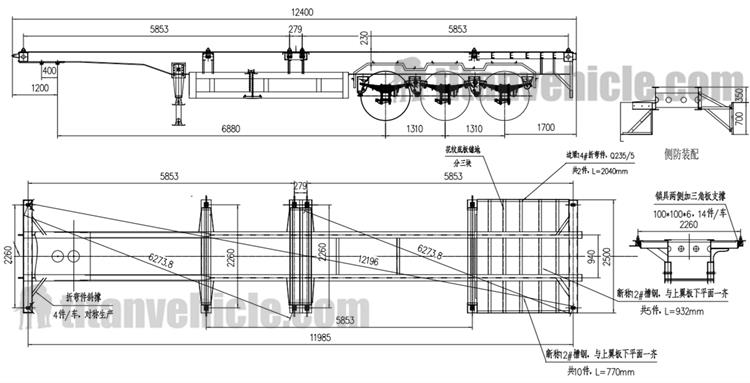 Drawing of Tri Axle Skeleton Semi Trailer