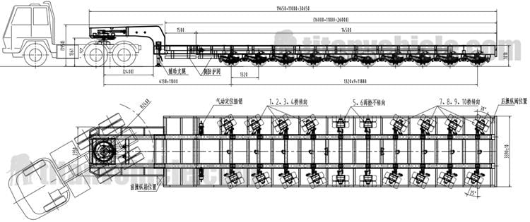 Drawing of 10 Axle Extendable Lowbed Semi Trailer Manufacturer